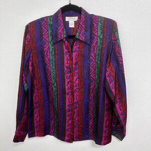 VTG 90s 100% Silk Colorful Pink Purple Geometric Shirt Blouse Button Up Unique L